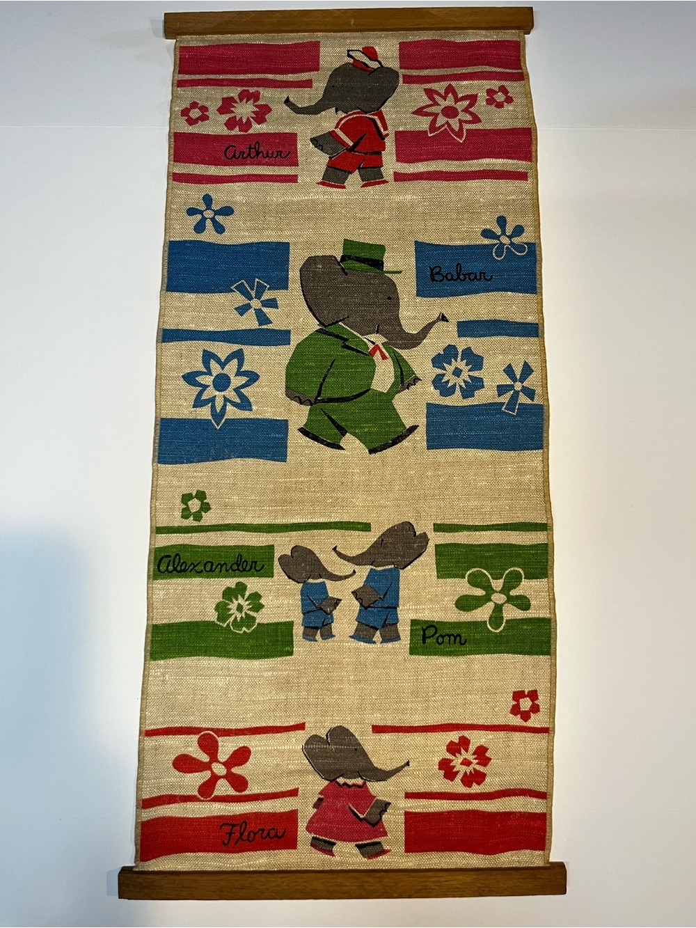 Vintage 1961 Elephant Wall Tapestry in Red, Blue & Green